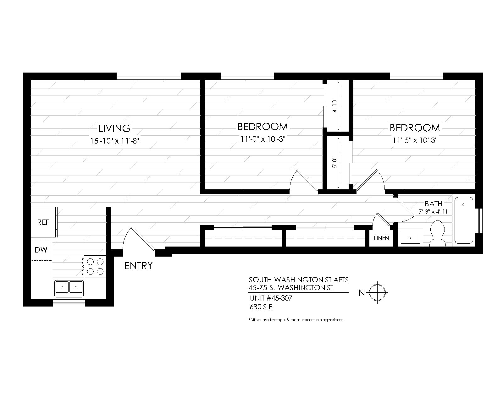Floor plan for 2 beds, 1 bath, 680 sqft